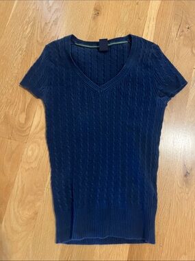 GAP Navy Cable-Knit V-Neck Short-Sleeve Sweater